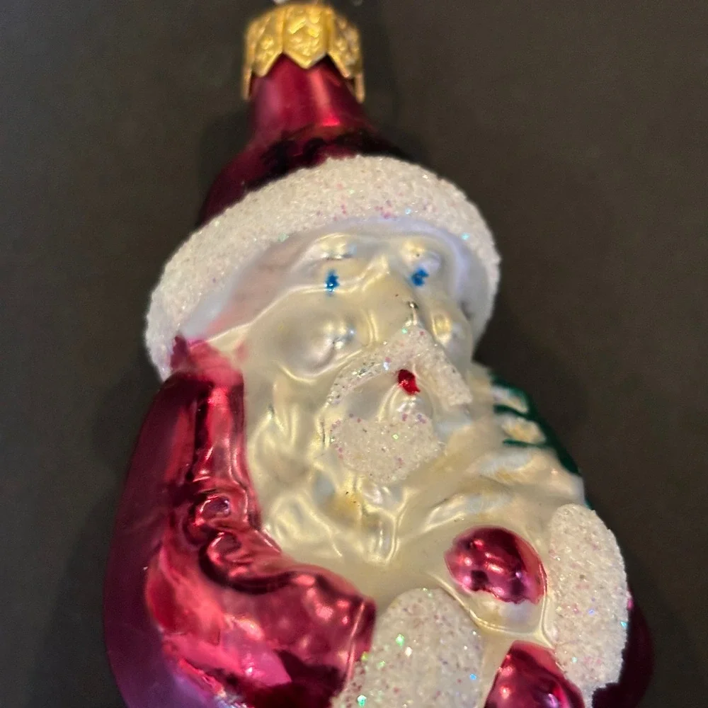 Polish Glass Santa Claus Christmas Ornament Magenta Pink Glitter 2000 Excellent